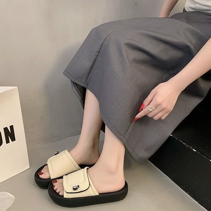 懶人涼鞋 女 厚底 拖鞋 韓系 百搭 一字拖 夏季 潮拖 防滑 軟底 休閒 涼拖鞋 黑色 白色 咖啡色 G6886-細節圖7