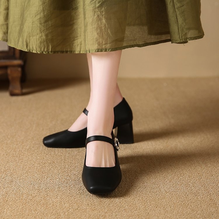 瑪莉珍粗跟鞋 女復古 中跟鞋 氣質皮鞋 方頭高跟鞋 低跟鞋 韓系百搭 文青鞋 黑色奶茶色 約會OL上班鞋 2557-細節圖7