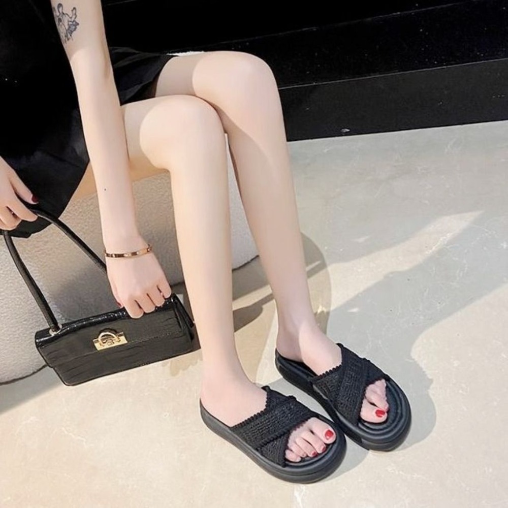 大尺碼 厚底編織涼拖鞋 女生增高不咬腳 防滑軟底交叉拖鞋 文青百搭韓版夏季懶人鞋舒適 G7702-細節圖2