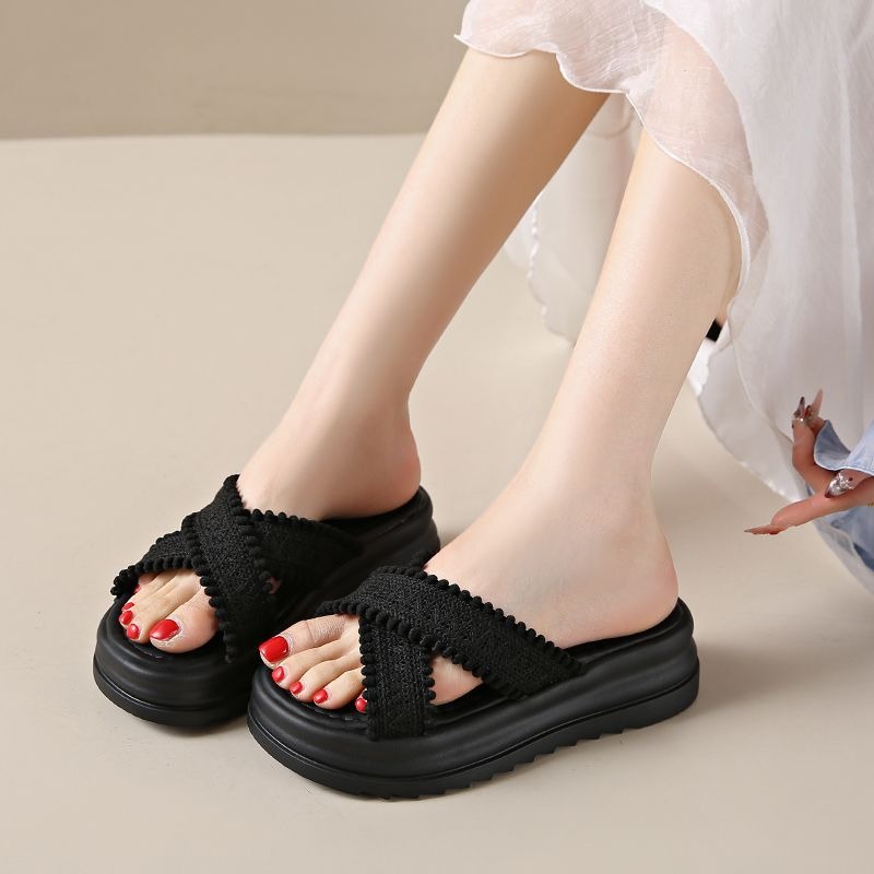 大尺碼 厚底編織涼拖鞋 女生增高不咬腳 防滑軟底交叉拖鞋 文青百搭韓版夏季懶人鞋舒適 G7702-細節圖3