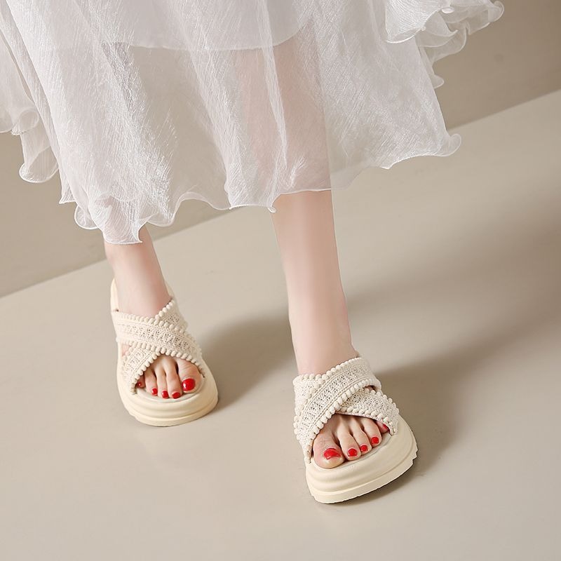 大尺碼 厚底編織涼拖鞋 女生增高不咬腳 防滑軟底交叉拖鞋 文青百搭韓版夏季懶人鞋舒適 G7702-細節圖5