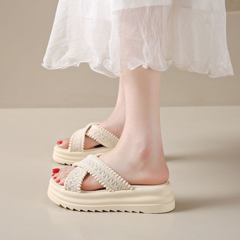 大尺碼 厚底編織涼拖鞋 女生增高不咬腳 防滑軟底交叉拖鞋 文青百搭韓版夏季懶人鞋舒適 G7702-細節圖7