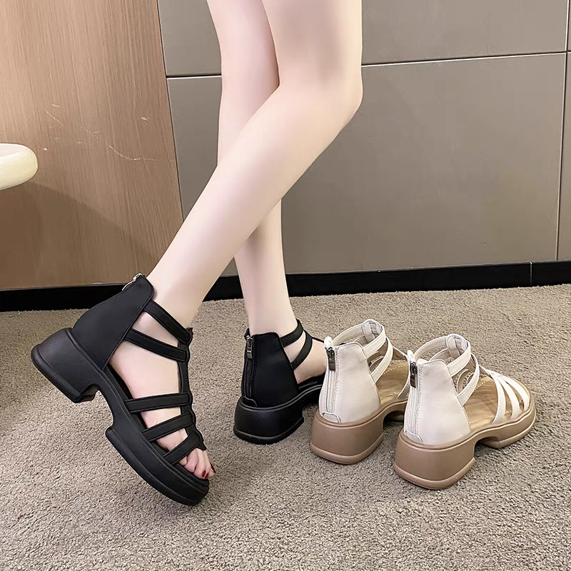 羅馬涼鞋 女鞋 厚底涼鞋 顯腿細 百搭休閒鞋 後拉鍊設計 軟底好走 不磨腳 涼感夏鞋 韓系穿搭 鬆緊好穿 6902A-細節圖2