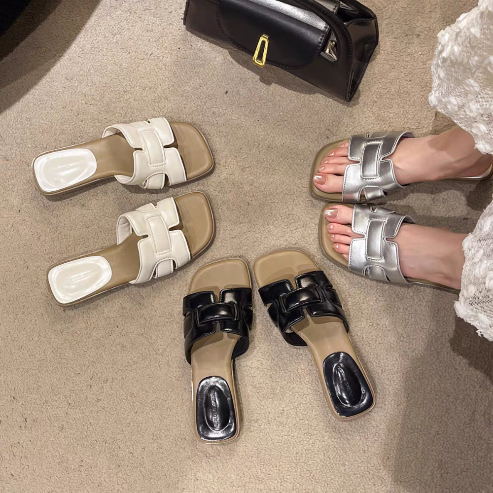精品感拖鞋 女生涼拖鞋 雙釦設計拖鞋 金屬感拖鞋 懶人厚底鞋 百搭休閒鞋 摩登拖鞋 軟底好走 韓系穿搭鞋 7882-細節圖2