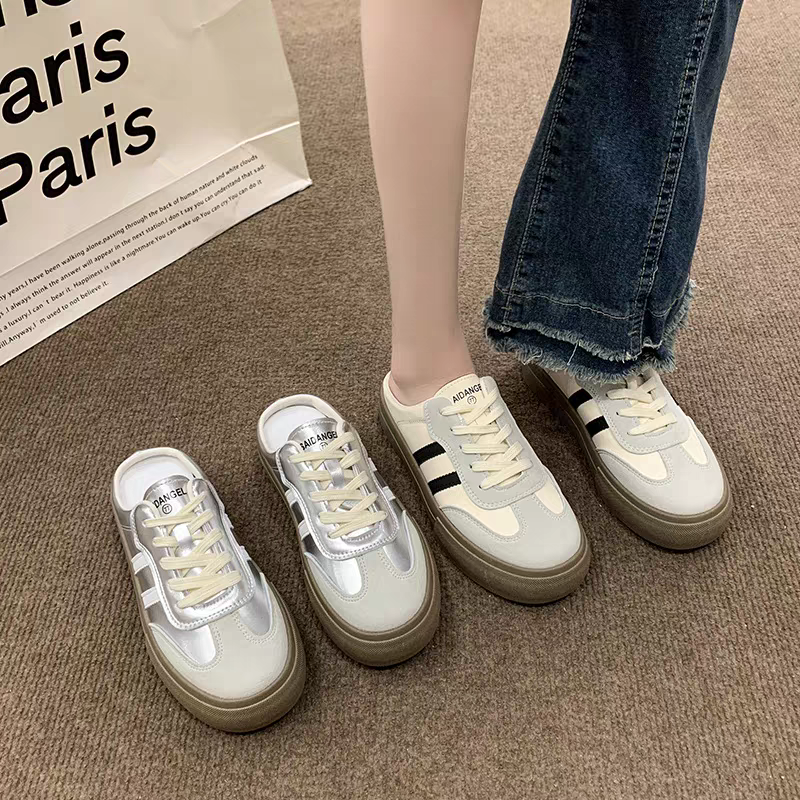 懶人球鞋 懶人帆布鞋 後踩球鞋 女生厚底鞋 軟底好走 夏日休閒鞋 復古運動鞋 韓系穿搭鞋 防滑厚底鞋 百搭拖鞋 6752-細節圖2