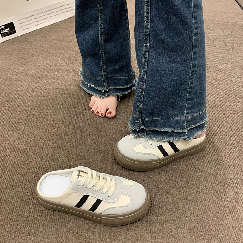 懶人球鞋 懶人帆布鞋 後踩球鞋 女生厚底鞋 軟底好走 夏日休閒鞋 復古運動鞋 韓系穿搭鞋 防滑厚底鞋 百搭拖鞋 6752-細節圖4