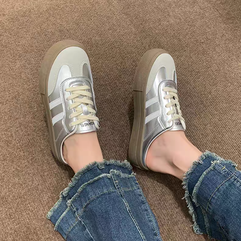 懶人球鞋 懶人帆布鞋 後踩球鞋 女生厚底鞋 軟底好走 夏日休閒鞋 復古運動鞋 韓系穿搭鞋 防滑厚底鞋 百搭拖鞋 6752-細節圖8