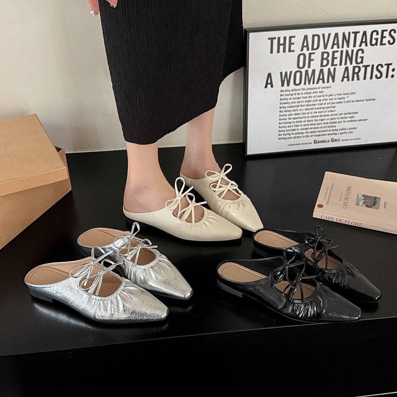 超軟Q抓皺尖頭穆勒鞋 女生低跟休閒鞋 綁帶平底鞋 柔軟舒適半拖鞋 學生樂福鞋 韓版百搭鞋 軟底防滑尖頭鞋 懶人鞋6588-細節圖2