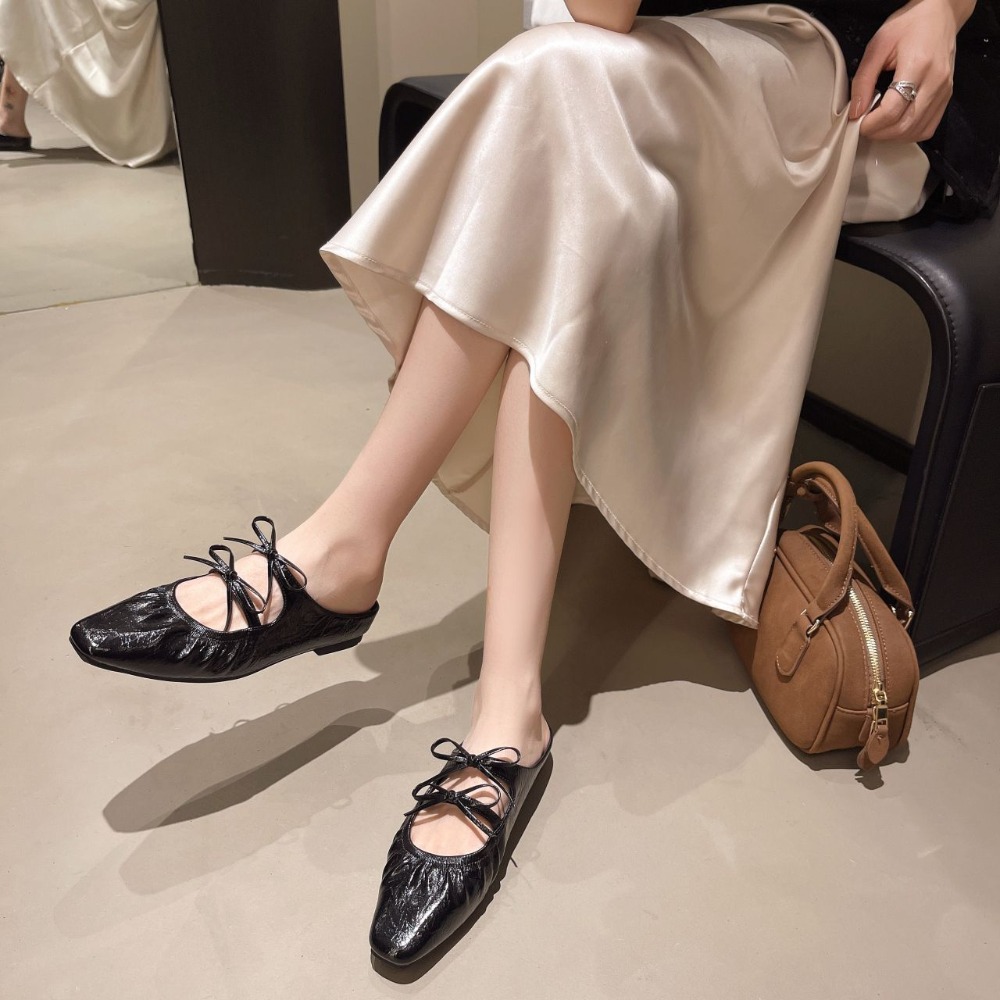 超軟Q抓皺尖頭穆勒鞋 女生低跟休閒鞋 綁帶平底鞋 柔軟舒適半拖鞋 學生樂福鞋 韓版百搭鞋 軟底防滑尖頭鞋 懶人鞋6588-細節圖3