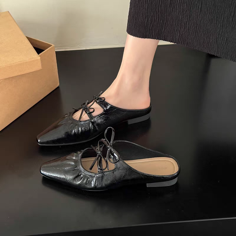 超軟Q抓皺尖頭穆勒鞋 女生低跟休閒鞋 綁帶平底鞋 柔軟舒適半拖鞋 學生樂福鞋 韓版百搭鞋 軟底防滑尖頭鞋 懶人鞋6588-細節圖5