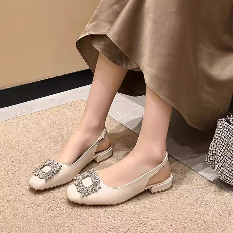 氣質閃鑽低跟涼鞋 方頭水鑽瑪麗珍鞋 小香風拖鞋 通勤宴會婚禮百搭 女神穿搭鞋 推薦超舒適 9539A-細節圖2