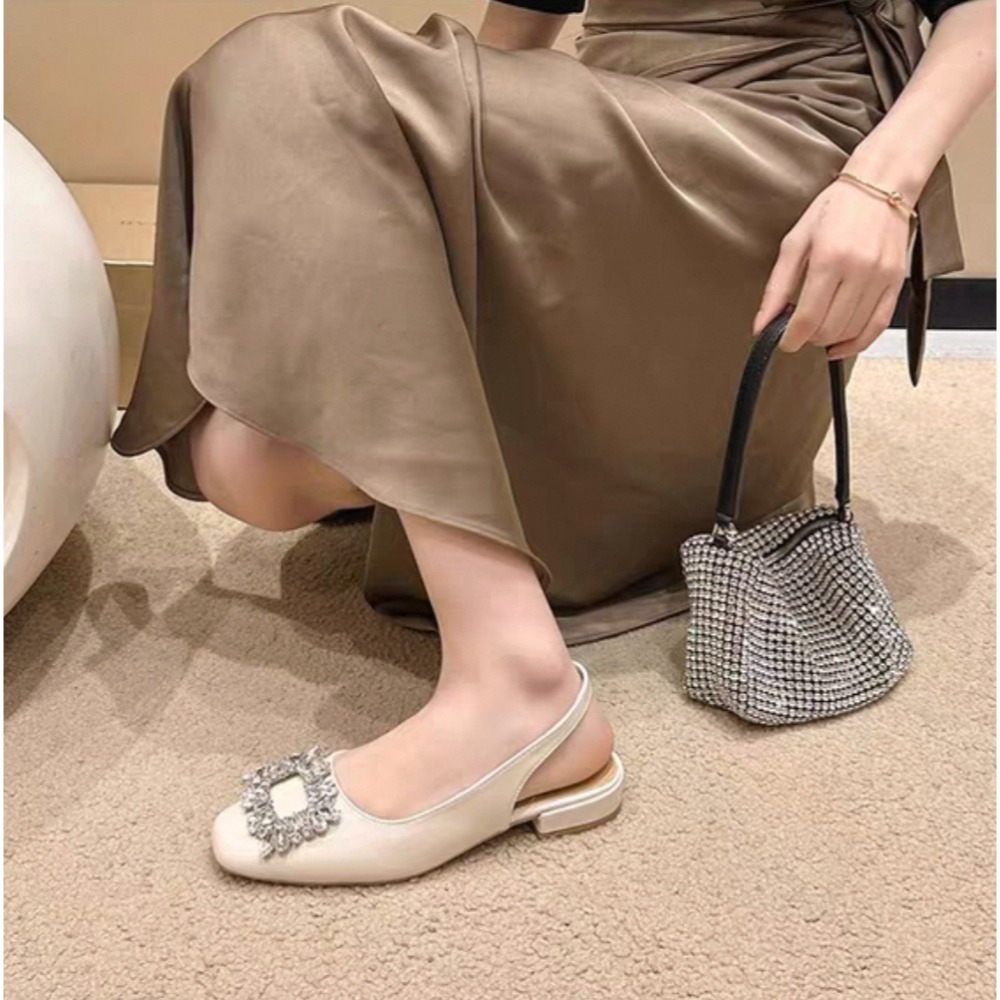氣質閃鑽低跟涼鞋 方頭水鑽瑪麗珍鞋 小香風拖鞋 通勤宴會婚禮百搭 女神穿搭鞋 推薦超舒適 9539A-細節圖3
