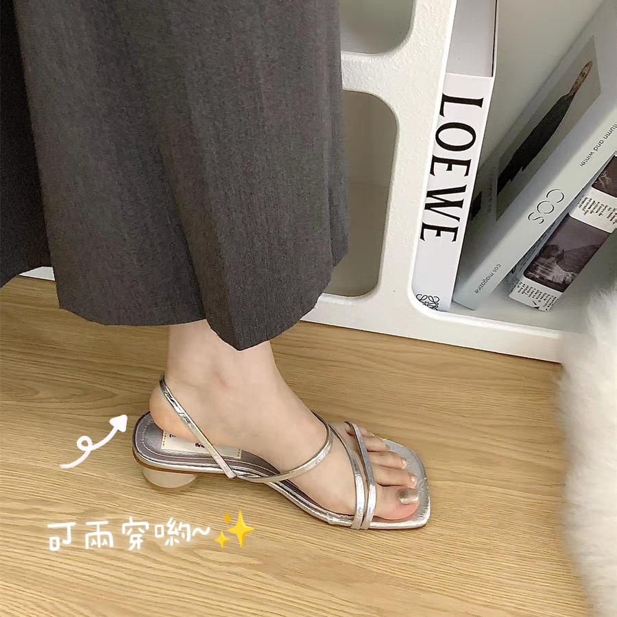 韓國東大門 韓系細帶涼拖鞋 仙女風低跟鞋 超軟Q好穿拖鞋 金屬銀色 時尚方頭鞋 氣質一字涼鞋 女生涼拖鞋 G5026-細節圖2