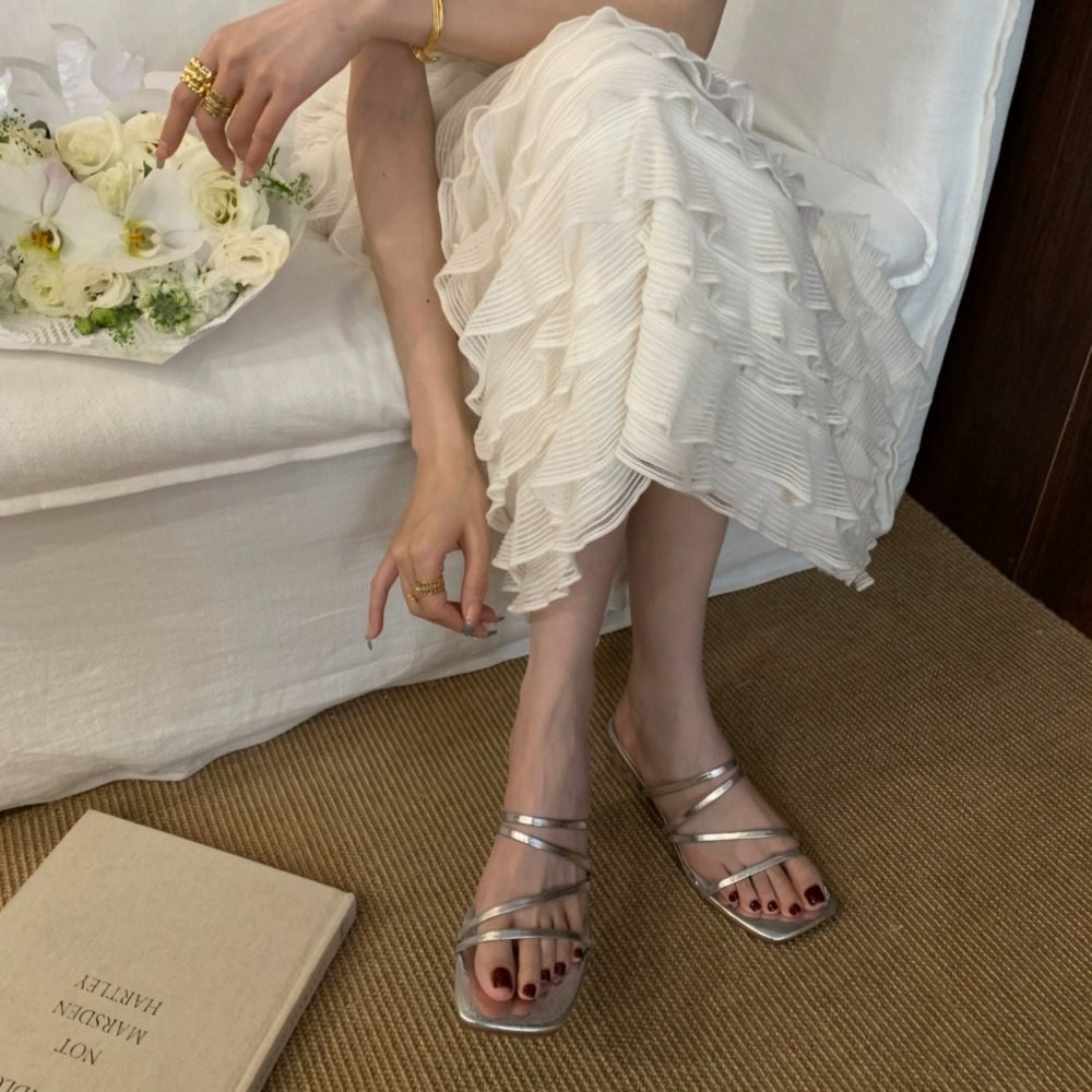 韓國東大門 韓系細帶涼拖鞋 仙女風低跟鞋 超軟Q好穿拖鞋 金屬銀色 時尚方頭鞋 氣質一字涼鞋 女生涼拖鞋 G5026-細節圖6