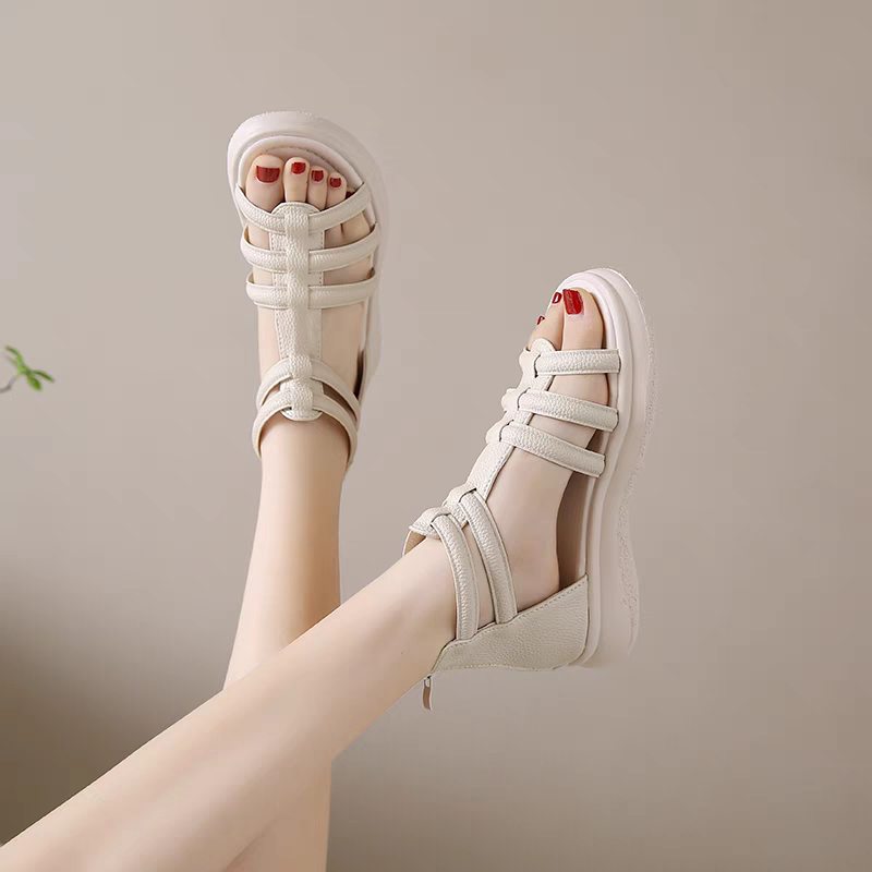 韓系羅馬涼鞋 軟Q舒適厚底涼鞋 百搭復古魔鬼氈女鞋 仙女風學生涼鞋 休閒平底鞋 兩色可選 G8104-細節圖6