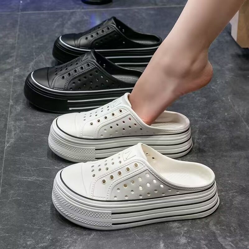 防水厚底洞洞半拖鞋 懶人小白鞋 韓版百搭涼拖鞋 女生穿搭休閒鞋 透氣增高懶人外出雨天必備 QQ744-細節圖2