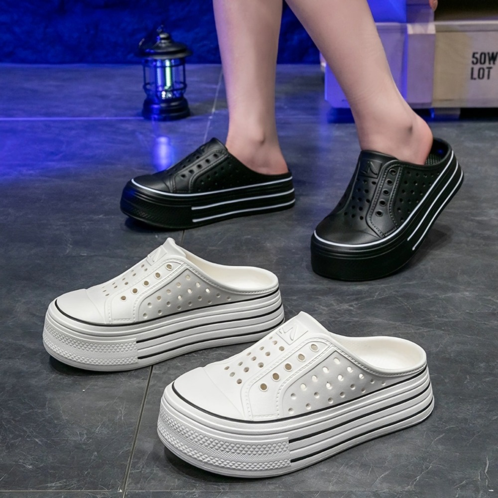 防水厚底洞洞半拖鞋 懶人小白鞋 韓版百搭涼拖鞋 女生穿搭休閒鞋 透氣增高懶人外出雨天必備 QQ744-細節圖3