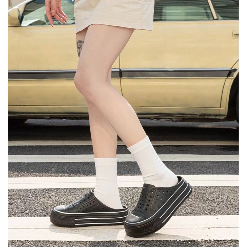 防水厚底洞洞半拖鞋 懶人小白鞋 韓版百搭涼拖鞋 女生穿搭休閒鞋 透氣增高懶人外出雨天必備 QQ744-細節圖5