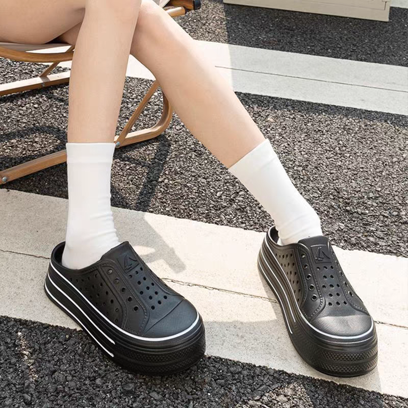 防水厚底洞洞半拖鞋 懶人小白鞋 韓版百搭涼拖鞋 女生穿搭休閒鞋 透氣增高懶人外出雨天必備 QQ744-細節圖7