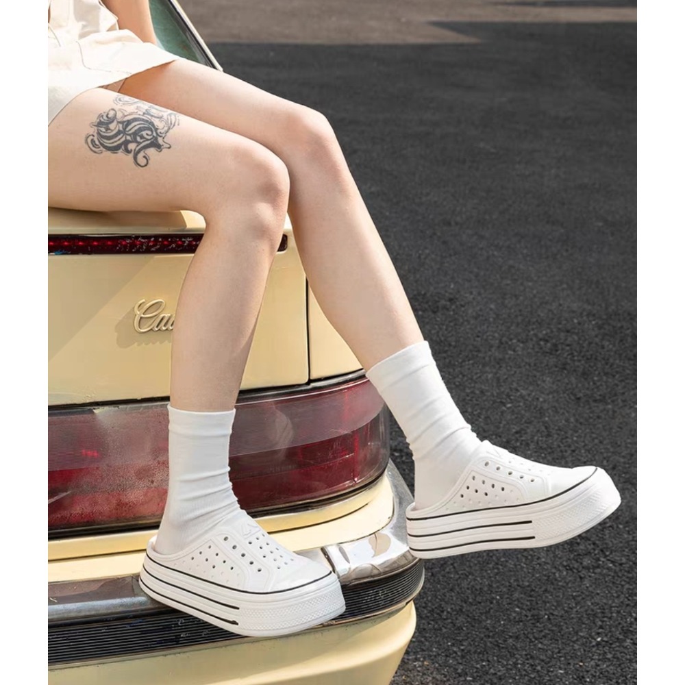 防水厚底洞洞半拖鞋 懶人小白鞋 韓版百搭涼拖鞋 女生穿搭休閒鞋 透氣增高懶人外出雨天必備 QQ744-細節圖8