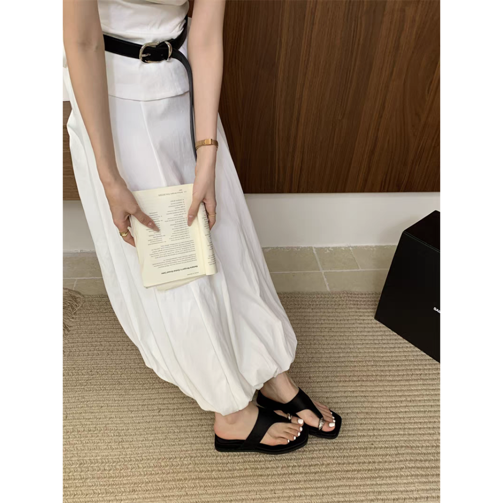 金屬飾扣夾腳拖鞋 方頭設計感涼鞋 韓版百搭懶人女鞋 個性極簡風厚底平底鞋 夏季外出必備 G4258-細節圖2