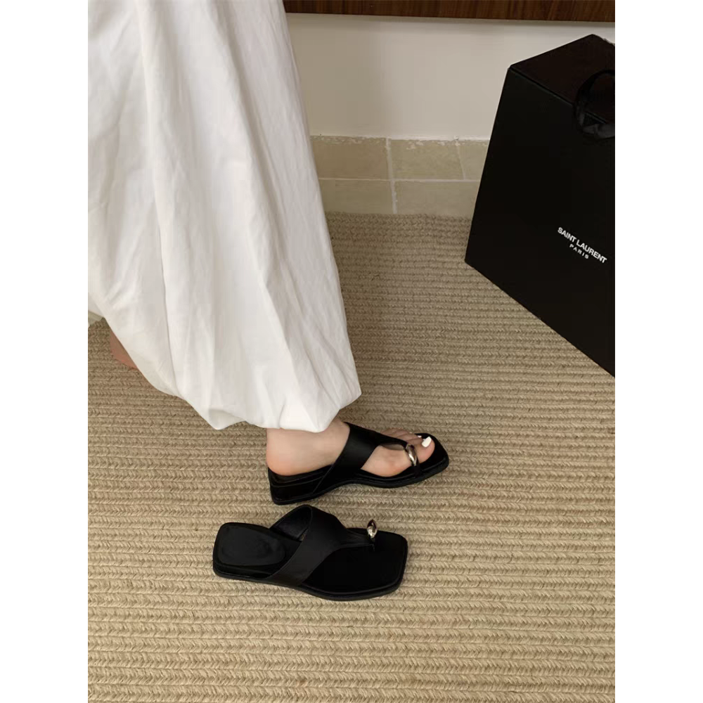 金屬飾扣夾腳拖鞋 方頭設計感涼鞋 韓版百搭懶人女鞋 個性極簡風厚底平底鞋 夏季外出必備 G4258-細節圖5