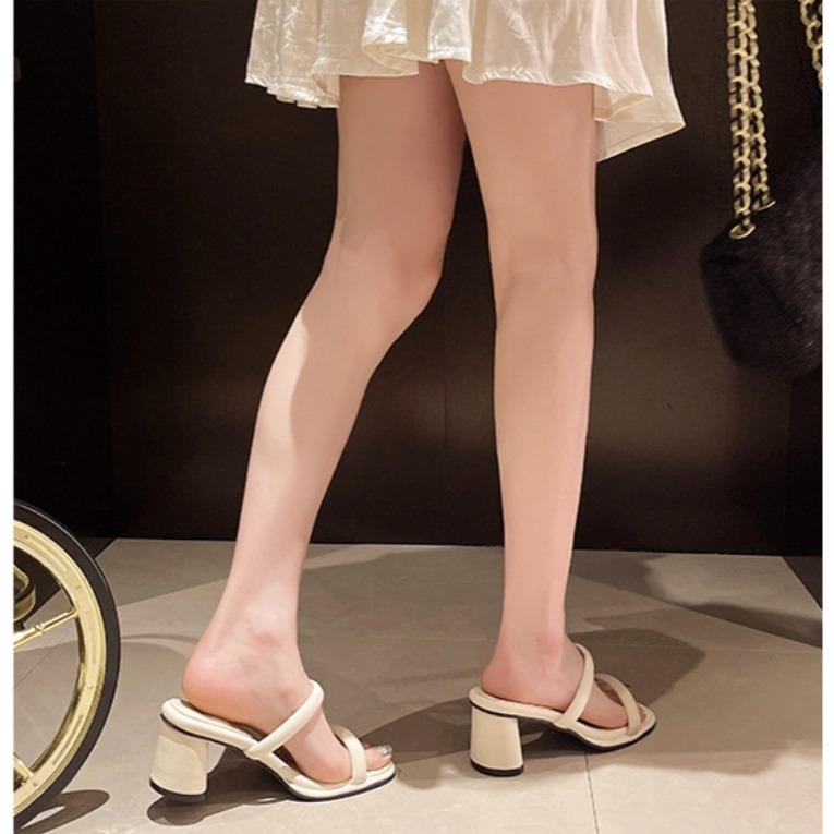 韓國東大門 素面皮革雙帶粗跟拖鞋 粗高跟拖鞋 方頭粗跟涼鞋 一字雙帶 夏日糖果色系 中跟涼鞋 涼拖鞋 一字拖鞋AC127-細節圖6