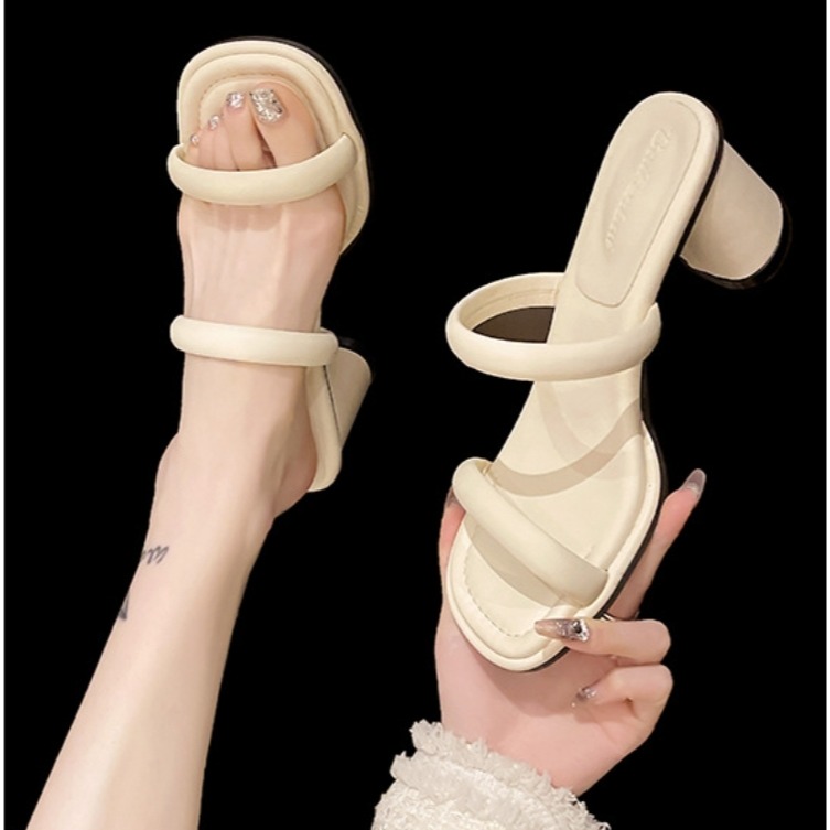 韓國東大門 素面皮革雙帶粗跟拖鞋 粗高跟拖鞋 方頭粗跟涼鞋 一字雙帶 夏日糖果色系 中跟涼鞋 涼拖鞋 一字拖鞋AC127-細節圖7