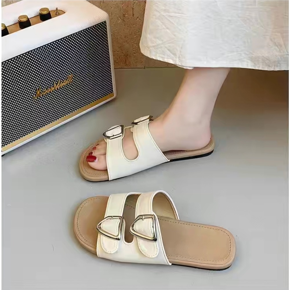 超級軟Q♥️雙帶金屬釦平底拖鞋 羅馬鞋 平底涼拖鞋 平底涼鞋 女生涼拖鞋 防滑涼拖鞋 舒適拖鞋 防滑橡膠底 海灘拖602-細節圖3