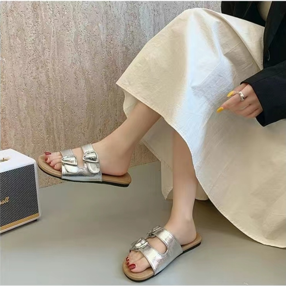 超級軟Q♥️雙帶金屬釦平底拖鞋 羅馬鞋 平底涼拖鞋 平底涼鞋 女生涼拖鞋 防滑涼拖鞋 舒適拖鞋 防滑橡膠底 海灘拖602-細節圖4