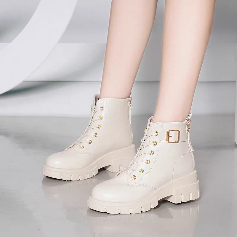 簡約皮革扣環繫帶高跟短靴 後拉鍊 英倫風 厚底馬丁靴 圓頭粗跟 馬丁靴 拉鍊靴子 百搭 增高靴 短靴 踝靴-細節圖7