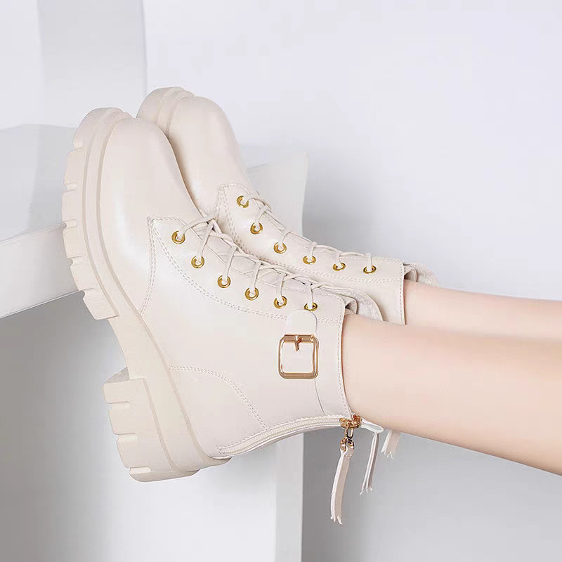 簡約皮革扣環繫帶高跟短靴 後拉鍊 英倫風 厚底馬丁靴 圓頭粗跟 馬丁靴 拉鍊靴子 百搭 增高靴 短靴 踝靴-細節圖8