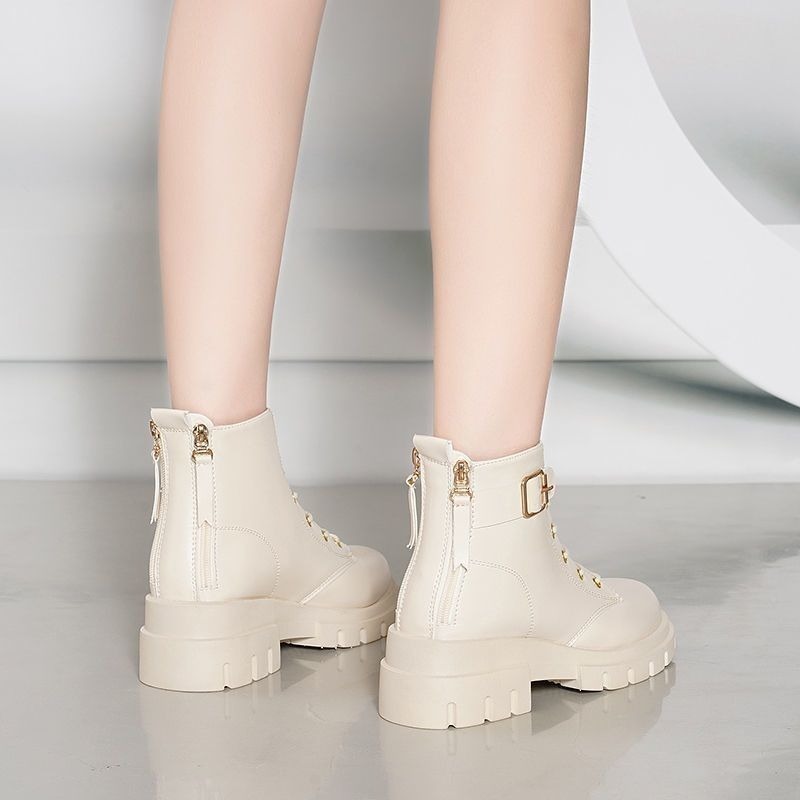 簡約皮革扣環繫帶高跟短靴 後拉鍊 英倫風 厚底馬丁靴 圓頭粗跟 馬丁靴 拉鍊靴子 百搭 增高靴 短靴 踝靴-細節圖9