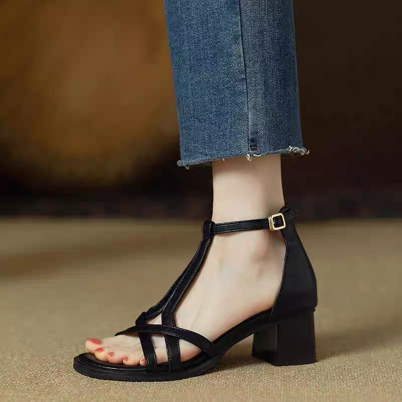 編織簍空金屬釦低跟涼鞋 復古交叉 百搭 魚骨涼鞋 羅馬涼鞋 平底 低跟 露趾 涼鞋 舒適軟Q底 休閒涼鞋 G2632-細節圖2