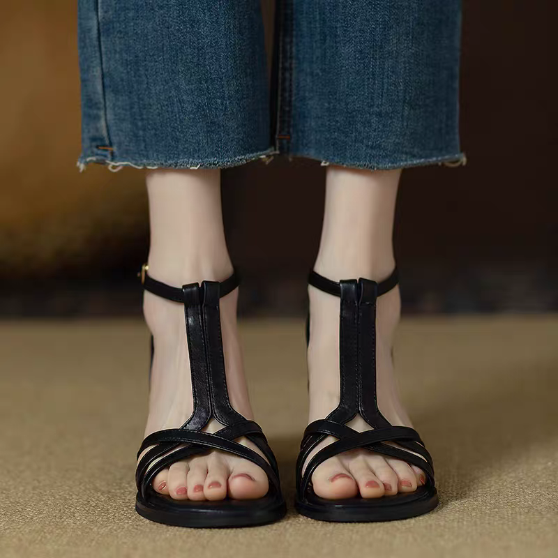 編織簍空金屬釦低跟涼鞋 復古交叉 百搭 魚骨涼鞋 羅馬涼鞋 平底 低跟 露趾 涼鞋 舒適軟Q底 休閒涼鞋 G2632-細節圖3