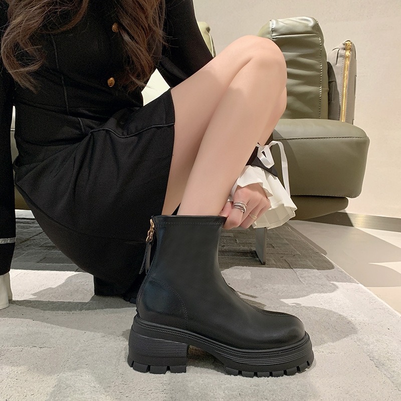 素面皮革後拉鏈粗跟短靴 馬丁靴 靴子 短靴 長靴 女粗跟短靴 女鞋 皮鞋 中筒馬丁靴 中筒靴 帥氣機車靴 G3063-細節圖2