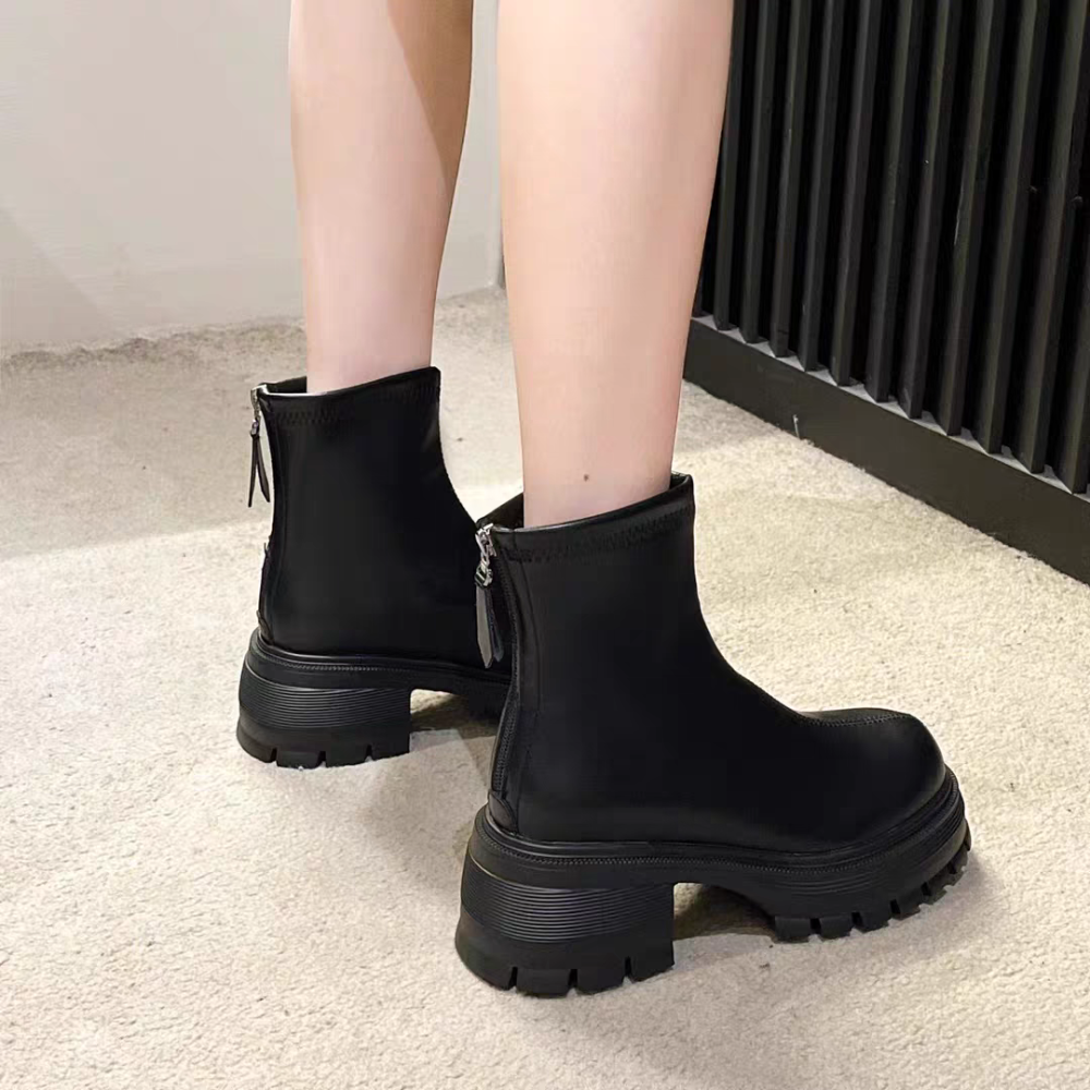 素面皮革後拉鏈粗跟短靴 馬丁靴 靴子 短靴 長靴 女粗跟短靴 女鞋 皮鞋 中筒馬丁靴 中筒靴 帥氣機車靴 G3063-細節圖4