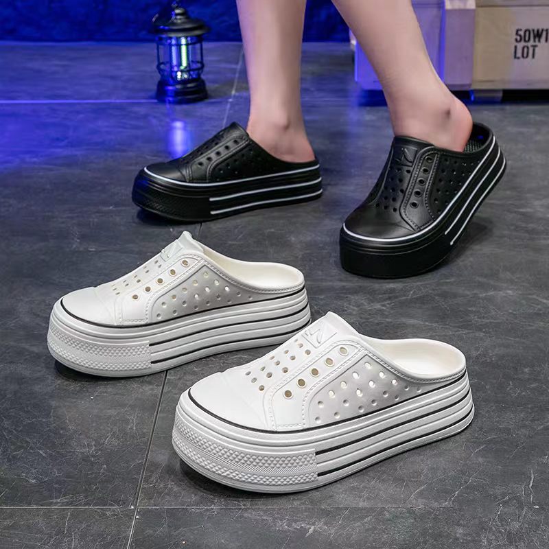 防水厚底懶人鞋 女生洞洞鞋 夏季百搭拖鞋 厚底防滑雨鞋 一腳套休閒鞋 韓系潮流涼鞋 輕便透氣拖鞋 學生必備舒適QQ744-細節圖2