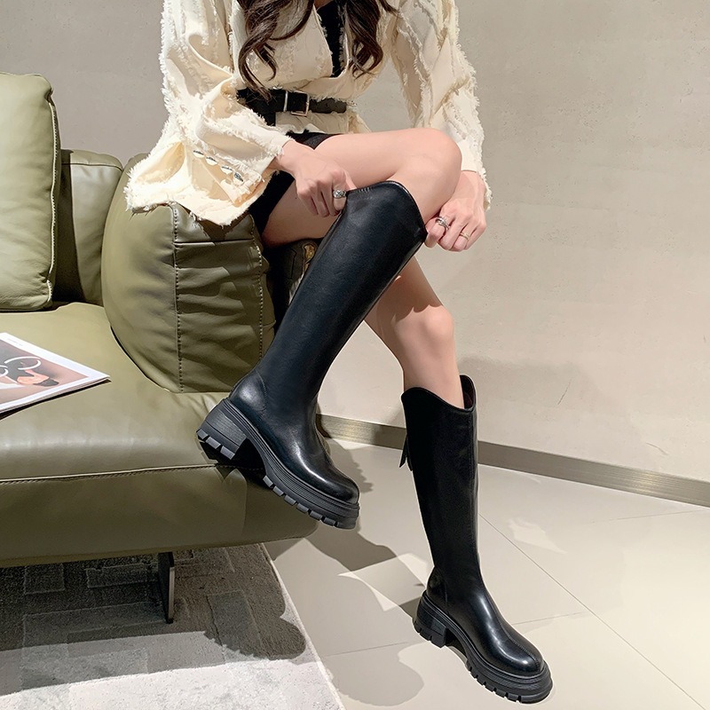 素面V口不過膝圓頭長靴 後拉鍊 騎士靴 切爾西靴 長靴 馬丁靴 高筒靴 膝下靴 皮靴 靴子 女靴 韓版 粗跟 G5075-細節圖2