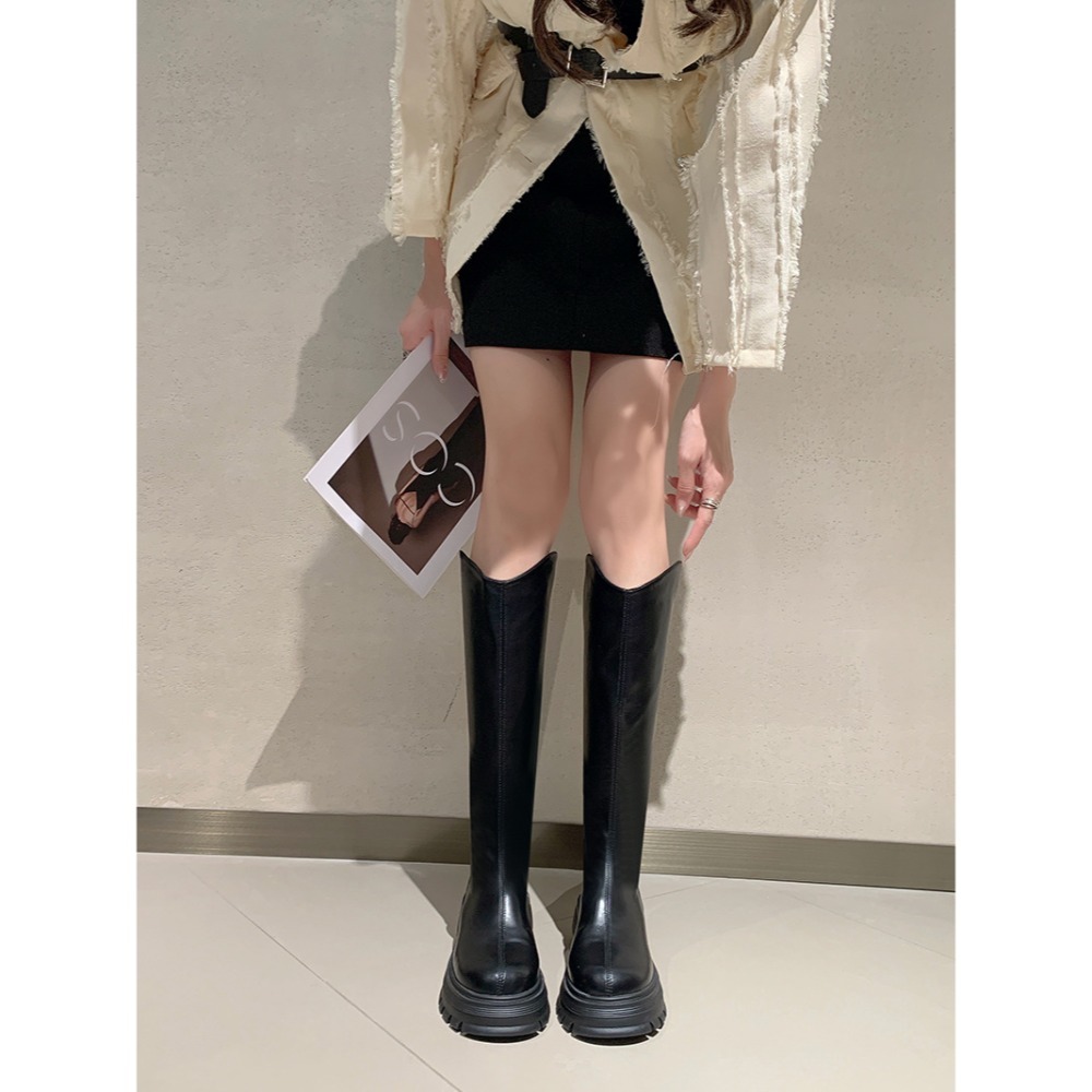 素面V口不過膝圓頭長靴 後拉鍊 騎士靴 切爾西靴 長靴 馬丁靴 高筒靴 膝下靴 皮靴 靴子 女靴 韓版 粗跟 G5075-細節圖3