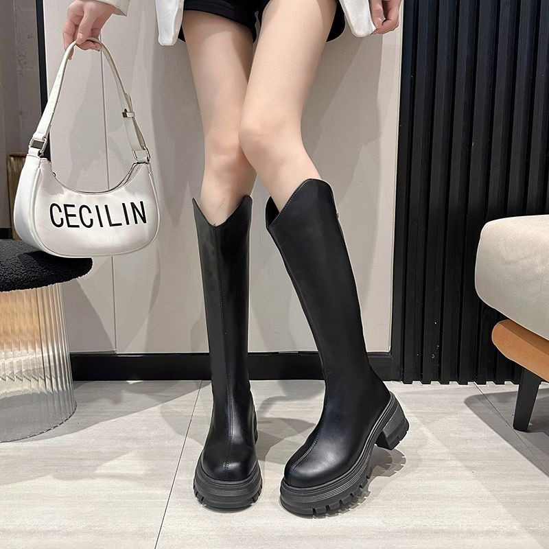 素面V口不過膝圓頭長靴 後拉鍊 騎士靴 切爾西靴 長靴 馬丁靴 高筒靴 膝下靴 皮靴 靴子 女靴 韓版 粗跟 G5075-細節圖5