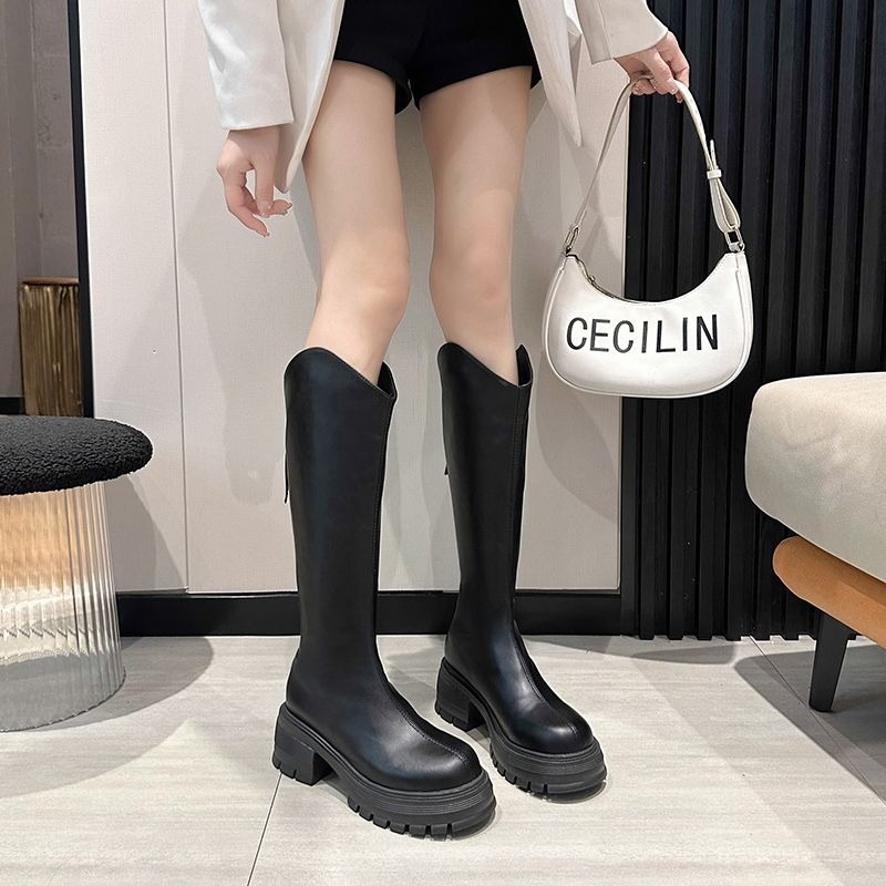 素面V口不過膝圓頭長靴 後拉鍊 騎士靴 切爾西靴 長靴 馬丁靴 高筒靴 膝下靴 皮靴 靴子 女靴 韓版 粗跟 G5075-細節圖6