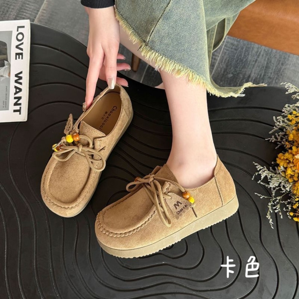 民俗風珠珠麂皮休閒厚底包鞋 文青樂福鞋 女生百搭小眾鞋 學生系帶豆豆鞋 復古舒適 韓系百搭 休閒鞋 防滑耐磨 B601-細節圖4