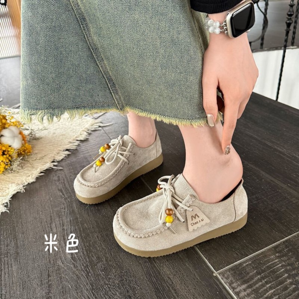 民俗風珠珠麂皮休閒厚底包鞋 文青樂福鞋 女生百搭小眾鞋 學生系帶豆豆鞋 復古舒適 韓系百搭 休閒鞋 防滑耐磨 B601-細節圖6