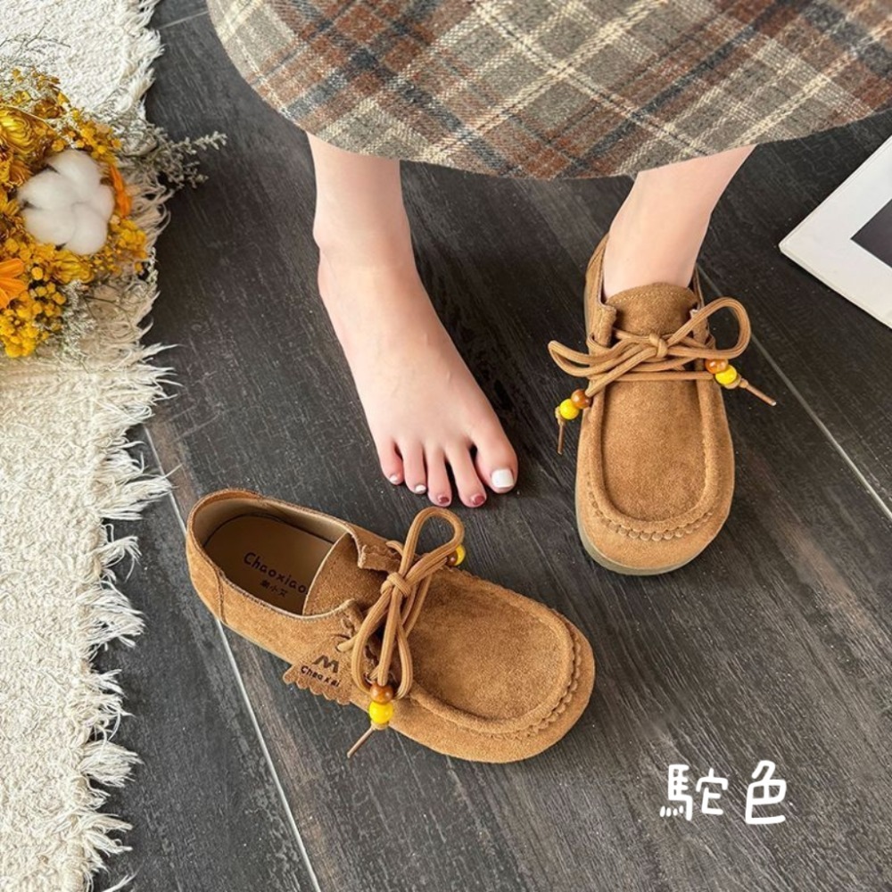 民俗風珠珠麂皮休閒厚底包鞋 文青樂福鞋 女生百搭小眾鞋 學生系帶豆豆鞋 復古舒適 韓系百搭 休閒鞋 防滑耐磨 B601-細節圖7