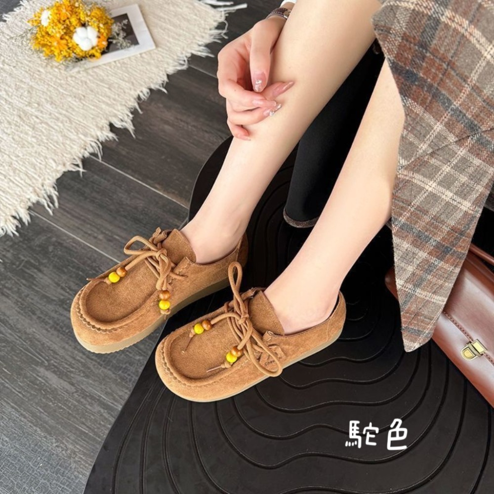 民俗風珠珠麂皮休閒厚底包鞋 文青樂福鞋 女生百搭小眾鞋 學生系帶豆豆鞋 復古舒適 韓系百搭 休閒鞋 防滑耐磨 B601-細節圖8