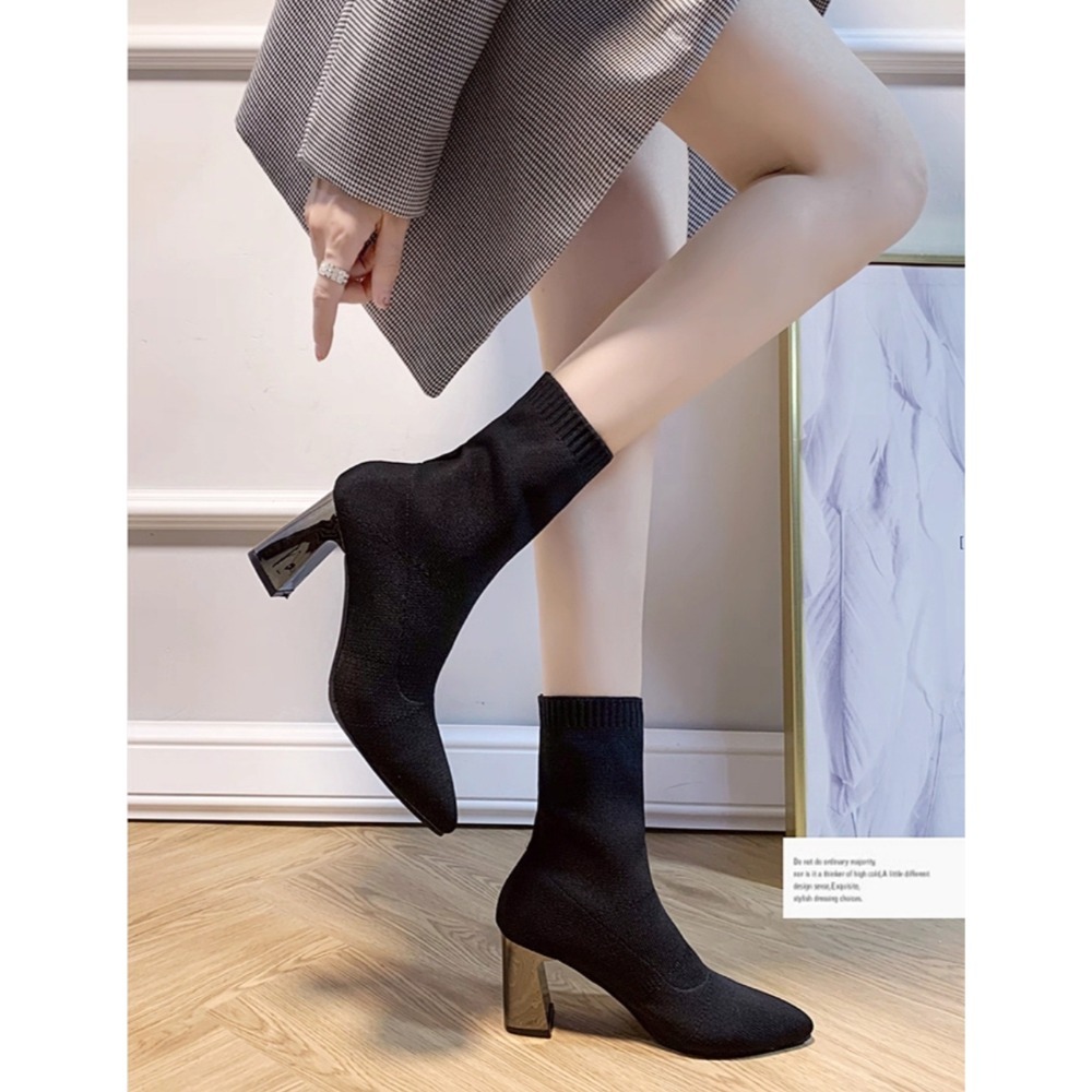 彈力襪靴 女式靴子 粗跟尖頭短靴 秋冬百搭顯瘦靴 韓系高跟襪套靴 女神必備時尚鞋 短筒靴 襪子靴 馬丁靴 襪套靴G908-細節圖5