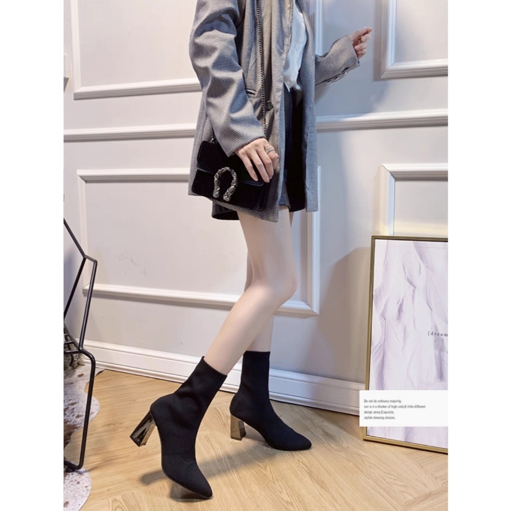 彈力襪靴 女式靴子 粗跟尖頭短靴 秋冬百搭顯瘦靴 韓系高跟襪套靴 女神必備時尚鞋 短筒靴 襪子靴 馬丁靴 襪套靴G908-細節圖6