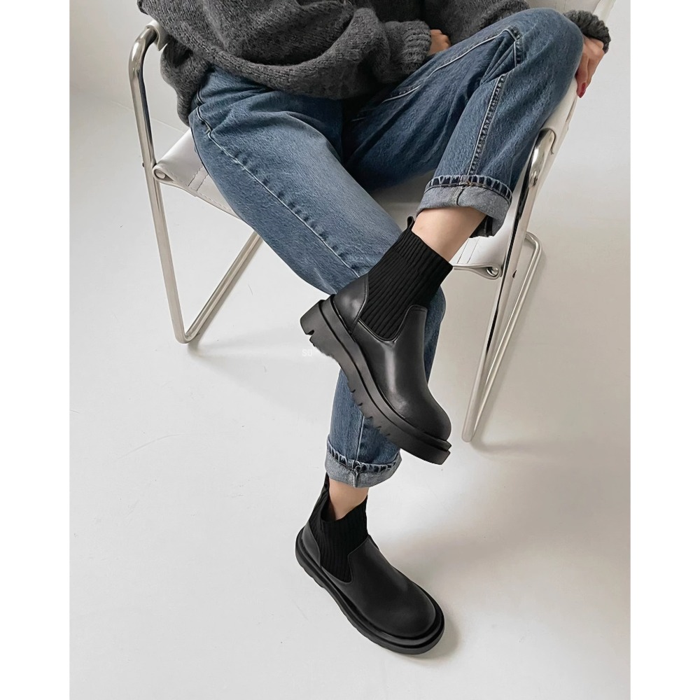 厚底切爾西短靴 馬丁靴 女靴子 增高顯瘦 防滑短筒 彈力襪套靴 切爾西靴 中筒靴 厚底靴 針織襪靴 套腳靴 G2323-細節圖8
