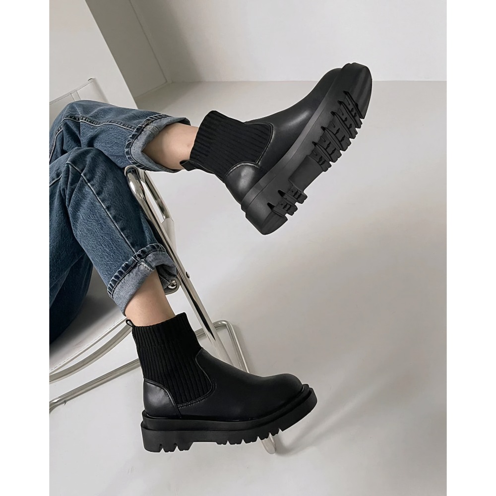 厚底切爾西短靴 馬丁靴 女靴子 增高顯瘦 防滑短筒 彈力襪套靴 切爾西靴 中筒靴 厚底靴 針織襪靴 套腳靴 G2323-細節圖10